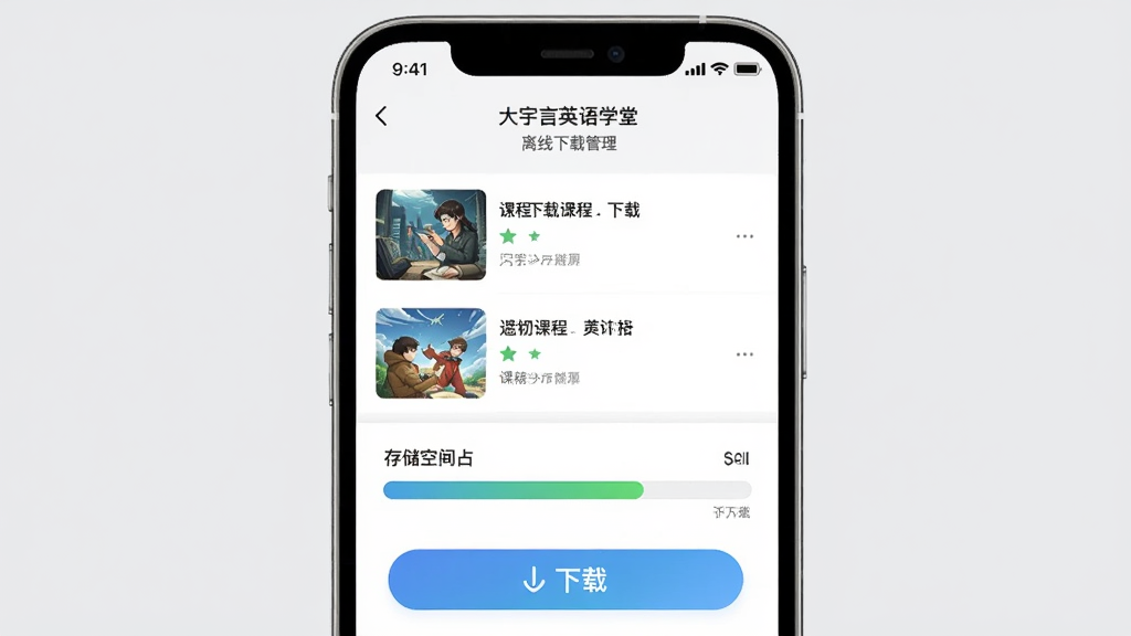 ������Ӣ��ѧ���������ع������棬��������һ���ֻ�����Ļ��ʾ�����ؿγ��б���洢�ռ�ռ����������Ϊǳ��ɫ��������ţ�ϸ����ͻ�����ذ�ť�����״̬�������������ɾ����޶���Ԫ��