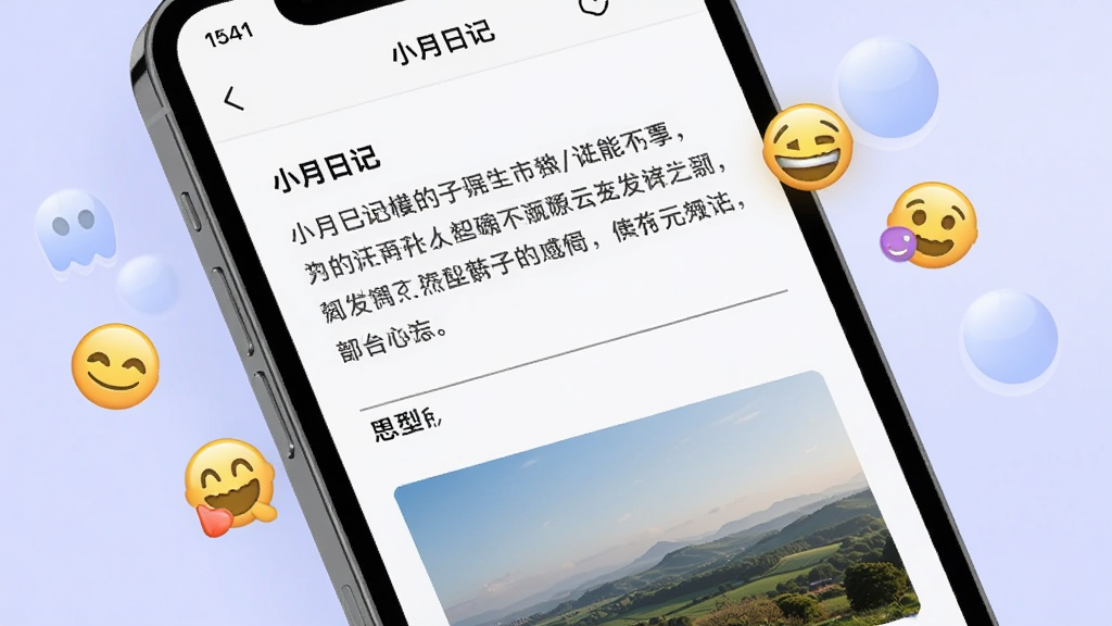 һ���ֻ���Ļ��д����ʾ��С���ռǡ��༭���棬��Ļ�������ֶ��䡢�Ӵ����塢�ָ����Լ�һ�Ų���ķ羰��Ƭ����ΧƯ���ű������ͼ�꣬����Ϊ��͵�ǳ��ɫ������ִ���࣬ϸ�����������ʸɾ����޶���Ԫ��
