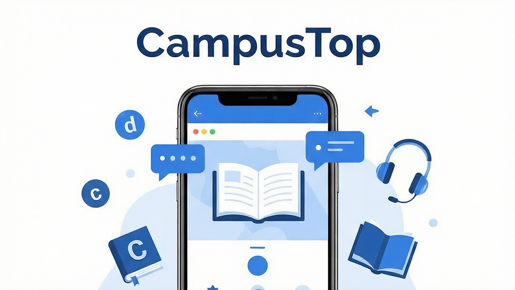 CampusTop����Ӣ��ѧϰ��������չʾ������Ϊһ�������ֻ���Ļ��ʾӢ����û������棬���ֲ��þ��й�ͼ�ֻ�λ�ڻ������룬�Ű����Ϸ����׷��������������֣����Ϊ�ִ��Ƽ��б�ƽ�廭��ϸ�ڰ����ֻ���ΧƯ������ĸͼ�ꡢ�Ի����ݡ��������鱾Ԫ�أ����ʸ���ɾ��޶���Ԫ�أ�����ɫ������ɫ�Ͱ�ɫΪ��������������Ϊ��CampusTop����