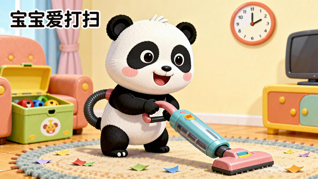 ������ʿ��è��ɫ�ڿ�ͨ���������в����������Ļ��棬����Ϊ��è˫�������������ֱ������ֲ����о���ͼͻ����ɫ�������Ű����������������������½ǵ�̺���򣬷��Ϊ��������Ķ�ͯ�廭�磬ϸ�ڰ�����̺��ɢ���ֽм��ɳ���Ե�����䡢ǽ���ϵĿ�ͨ���ӣ�����������͸ɾ��޶���Ԫ�أ�ͼƬ�����ֱ�ע����������ɨ���ڻ������Ͻǡ�