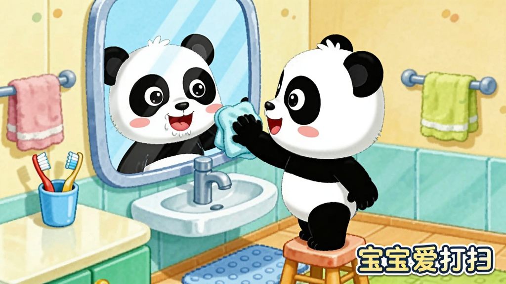 ������ʿ��è��ɫ�ڿ�ͨԡ�ҳ����в�ϴ���ӵĻ��棬����Ϊ��èվ��С��������Ĩ�����þ��棬���ֲ��ò����ӽ�չ��ԡ�ҿռ䣬�Ű��Ͼ��淴�����è�Ŀɰ����飬���Ϊ�������õĶ�ͯ�����磬ϸ�ڰ���ϴ��̨�ϵ���ˢ����ǽ�ϵ�ë���Ҽܡ�����ķ����棬���ʸ���ɾ��޶���Ԫ�أ�ͼƬ�����ֱ�ע����������ɨ���ڻ������½ǡ�