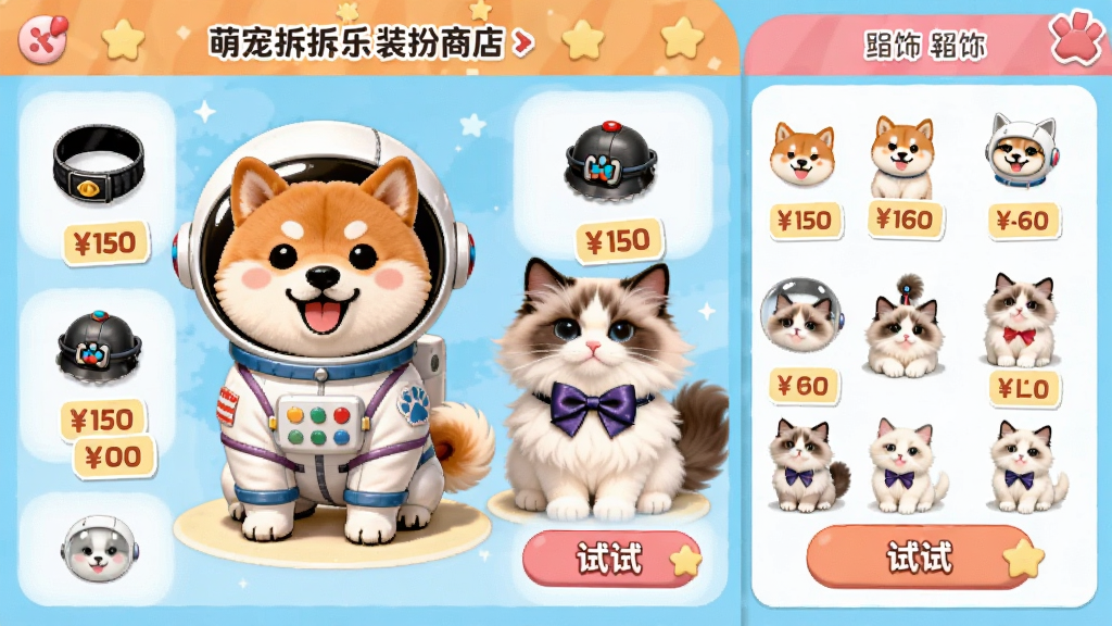 �ȳ�����װ���̵���棬������һֻ�����Ա��װ�Ĳ�Ȯ��һֻ���ź�����Ĳ�żè������Ϊ�������������Ϊ����չʾ�����Ҳ�Ϊ��Ʒ�б����Ű����������Ϊ��ͨ�ɰ���ϸ�ڰ�����Ʒͼ�ꡢ�۸��ǩ���Դ���ť�������������ɾ��޶���Ԫ��