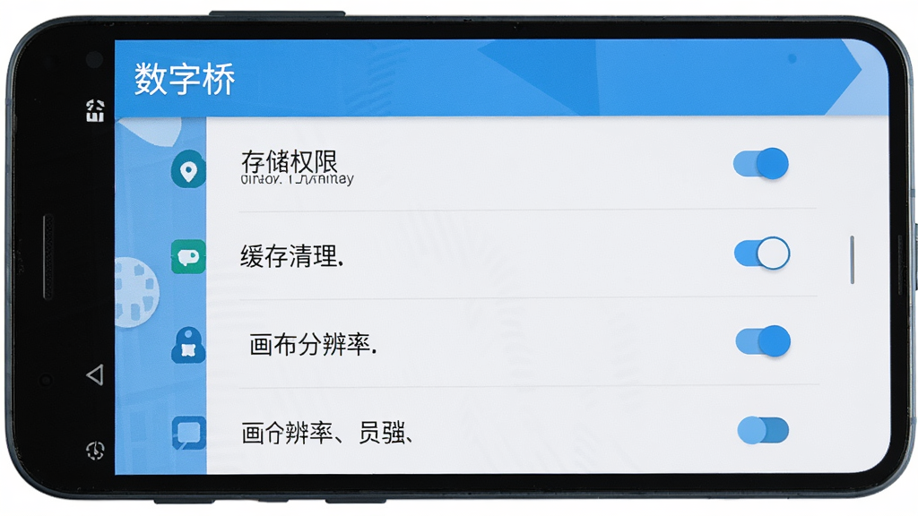 主体为一部安卓手机屏幕显示“数字桥”软件设置界面,界面中有存储权限、缓存清理、画布分辨率等选项,布局为手机竖屏展示,排版清晰,风格为扁平化设置页风,细节包括选项图标、开关按钮、文字标注,画质为高清,画面干净,无多余元素
