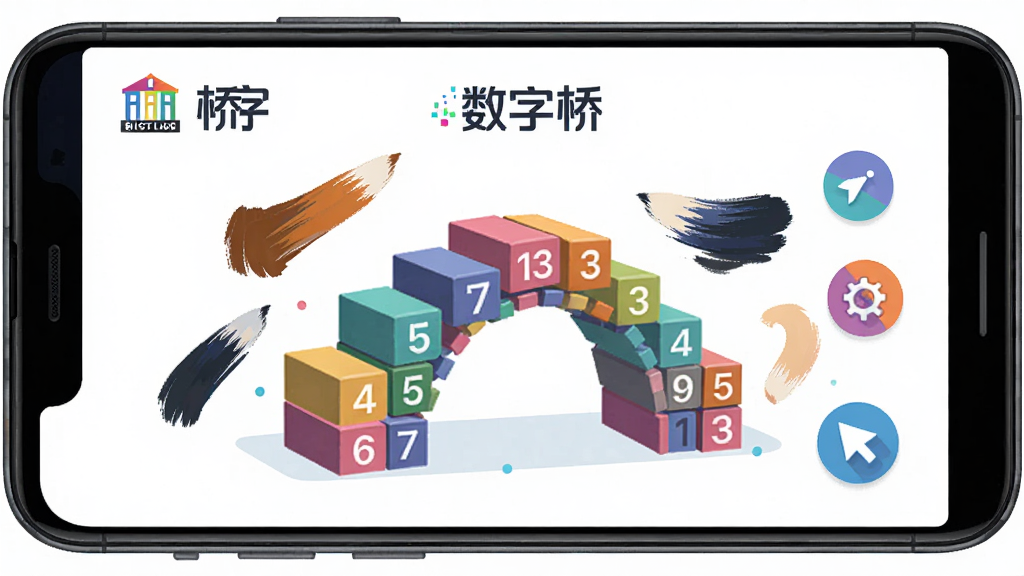 主体为一部安卓手机屏幕,屏幕中央显示“数字桥”软件界面,界面内有一座由彩色数字方块搭建的拱桥图形,周围环绕数字绘画笔触和互动图标,布局为居中展示手机与软件界面,排版简洁,风格为扁平化科技插画风,细节包括数字桥Logo、桥梁结构清晰、色彩明快,画质为高清2K,画面干净,无多余元素
