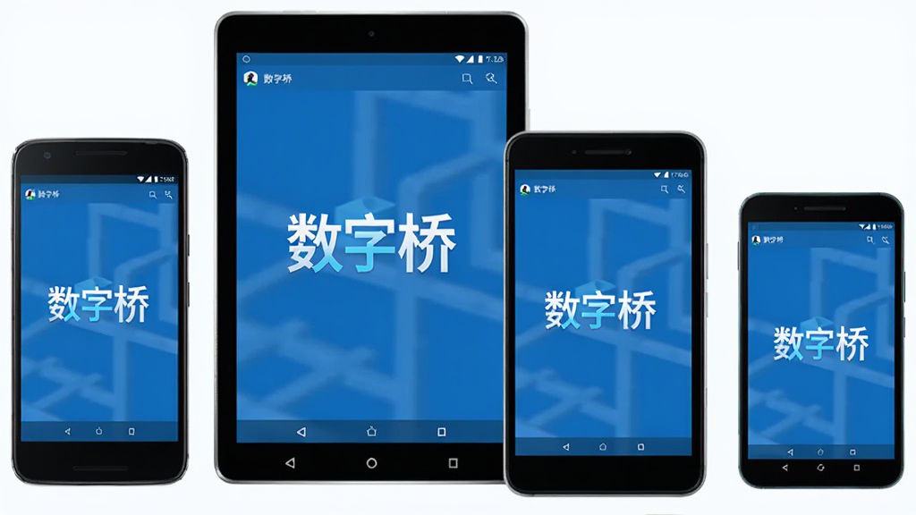 主体为多台不同尺寸的安卓设备并排展示,包括手机和平板,每台设备屏幕中都显示“数字桥”软件运行画面,布局为设备横向排列,排版整齐,风格为简约产品展示风,细节包括设备边框清晰、屏幕内容一致、背景干净,画质为高清,画面干净,无多余元素
