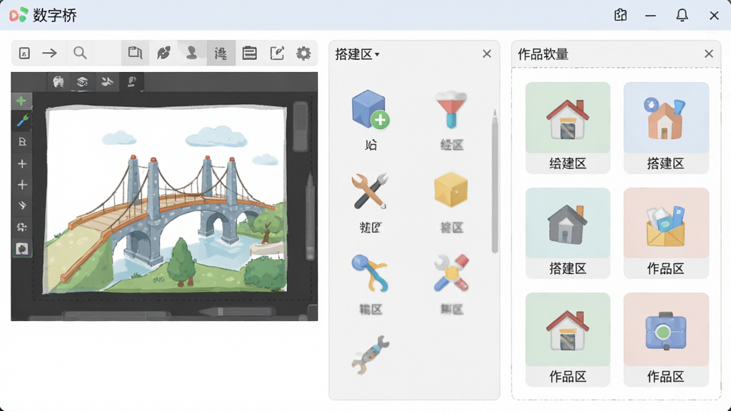主体为“数字桥”软件主界面截图,界面分为绘画区、搭建区、作品区三个板块,布局为上下结构,排版清晰,风格为扁平化UI设计风,细节包括图标简洁、文字标注明确、配色柔和,画质为高清,画面干净,无多余元素