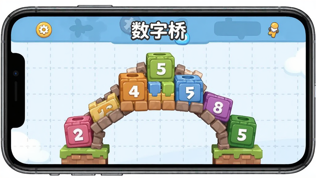 主体为手机屏幕显示“数字桥”搭建界面,屏幕中有多个带数字的彩色方块组成一座桥,布局为手机正面展示,排版居中,风格为卡通益智风,细节包括数字方块上的数字清晰、桥梁结构稳固、背景有辅助网格线,画质为高清,画面干净,无多余元素
