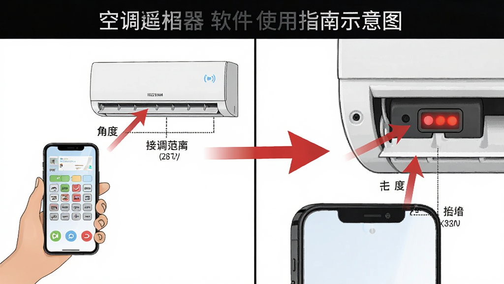 空调遥控器软件使用指南示意图,画面分为左右两部分,左侧展示手机对准空调的正确姿势,右侧展示手机红外发射口位置和空调接收窗口位置,中间有箭头连接,背景为白色,风格说明性插画,细节上标注了距离范围和角度,画质高清,干净,无多余元素