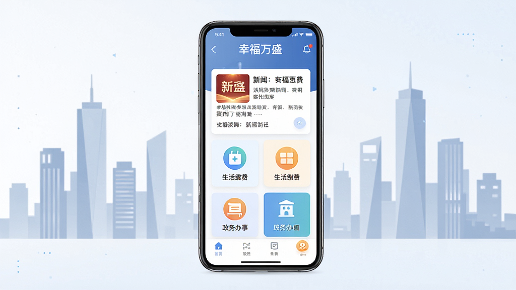 画面主体是一部智能手机,屏幕显示“幸福万盛”应用首页界面,界面包含新闻资讯卡片、生活缴费图标和政务办事入口。布局采用居中展示,背景为简洁的现代城市剪影。风格为扁平化科技感,细节处体现UI交互元素,画质为4K高清,画面干净无多余元素。