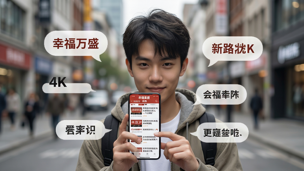 画面主体是一位年轻用户手持手机浏览“幸福万盛”新闻页面,周围环绕着悬浮的新闻标题气泡。布局为人物居中,背景为虚化的城市街景。风格为写实生活风,细节突出屏幕上的新闻列表,画质为4K高清,画面干净无多余元素。