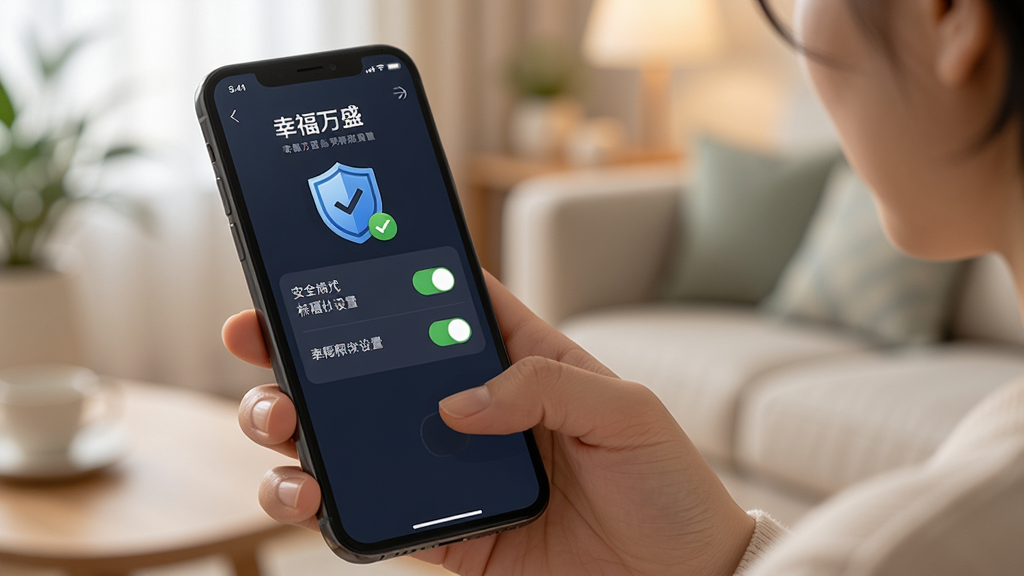 画面主体是一位用户正在操作手机,屏幕显示“幸福万盛”的权限设置页面,旁边有盾牌图标和勾选标记。布局为手持特写,背景为柔和的家居环境。风格为安全科普风,细节突出权限开关状态,画质为4K高清,画面干净无多余元素。