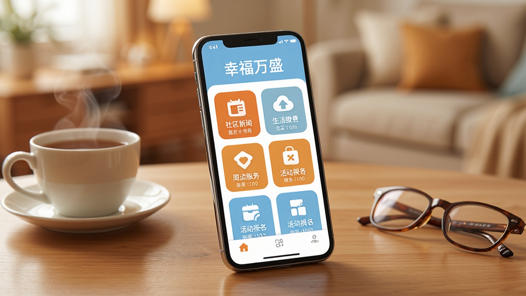 画面主体是一部智能手机,屏幕上显示着幸福万盛APP的首页界面,界面中包含社区新闻、生活缴费、周边服务和活动报名等图标按钮,手机放置在一张温馨的木质桌面上,旁边有一杯热茶和一副老花镜。布局采用中心构图,手机位于画面正中央略微倾斜,背景是柔和虚化的居家客厅环境。排版上手机界面文字清晰可见,图标排列整齐。风格为温馨写实的数码产品展示风格,色调以暖橙色和浅蓝色为主,营造亲切可信赖的氛围。细节上手机边缘有细腻的高光反射,桌面木纹质感真实,热茶冒着淡淡的热气。画质为高清4K,画面干净整洁,无多余杂乱元素。
