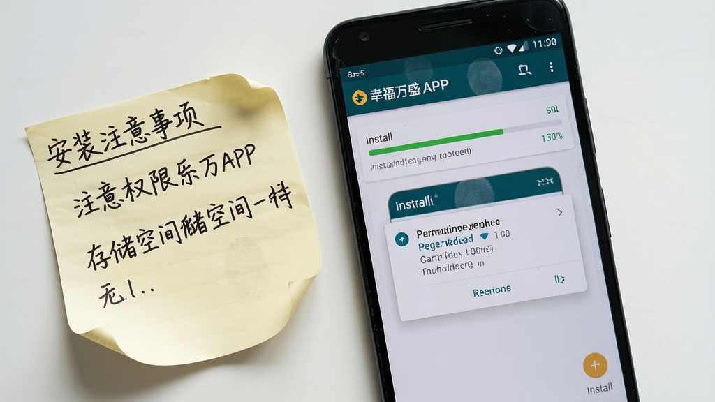 一部安卓手机正在安装幸福万盛APP的界面截图,屏幕上显示安装进度条和权限请求弹窗,手机旁边放置着一张手写的安装注意事项便签纸。布局采用俯拍视角,手机位于画面中心,便签纸在手机左侧。排版上安装界面清晰,弹窗内容可辨。风格为真实生活场景摄影,光线柔和自然。细节上手机屏幕有轻微指纹痕迹,便签纸边缘微微卷起,上面用黑色水笔写着注意权限和存储空间等字样。画质为高清写实照片,画面干净,无杂乱背景。