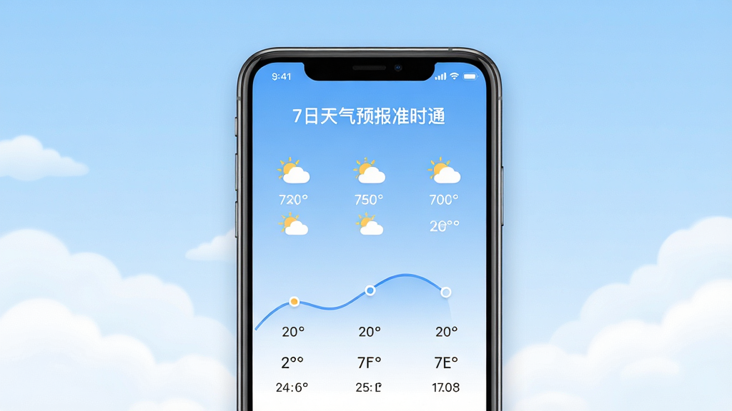 画面主体为一部智能手机,屏幕上显示着“7日天气预报准时通”应用界面,界面中包含未来七天的天气图标、温度曲线和日期排版,背景为淡蓝色渐变天空与白云,布局采用居中展示手机主体,风格为现代扁平化科技风,细节包括清晰的图标设计、柔和的光影效果,画质高清,画面干净,无多余元素。
