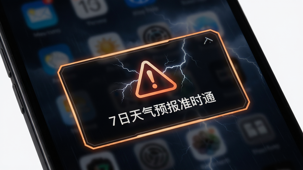 手机屏幕特写,显示“7日天气预报准时通”的预警提示弹窗,背景为深色雷雨天气氛围,布局聚焦于屏幕中央的警示图标与文字,风格为暗色科技风,细节包括闪电元素、高亮边框,画质高清,画面干净,无多余元素。