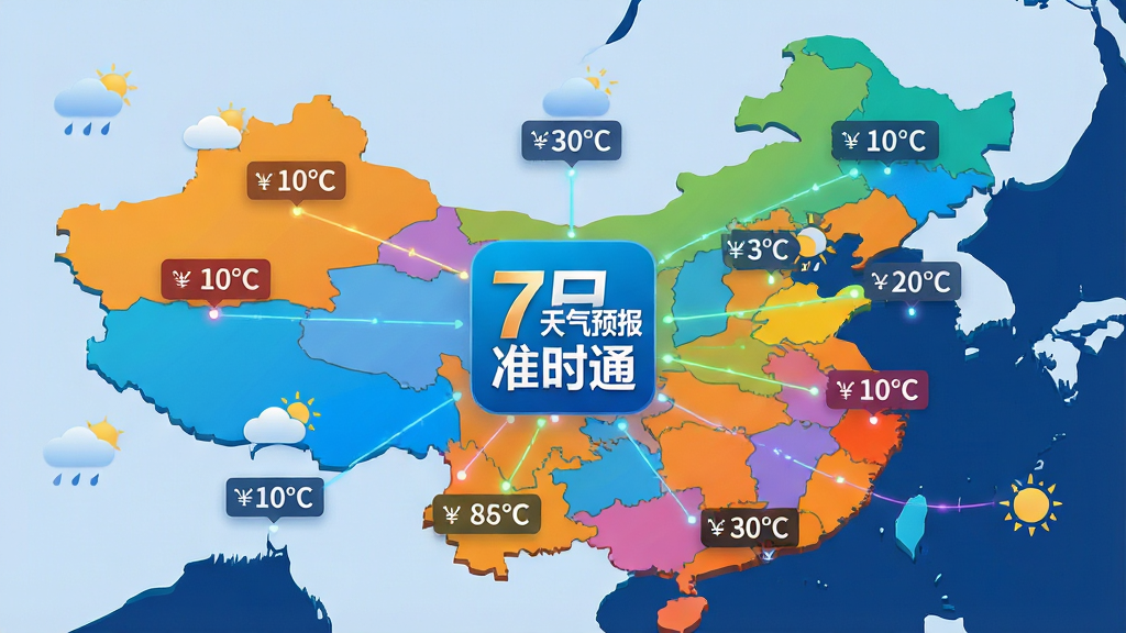 一张中国地图的抽象背景上,漂浮着多个城市名称标签与天气图标,中心位置显示“7日天气预报准时通”软件logo,布局采用发散式构图,风格为数据可视化信息图,细节包括不同颜色的温度标识、连接线条,画质高清,画面干净,无多余元素。