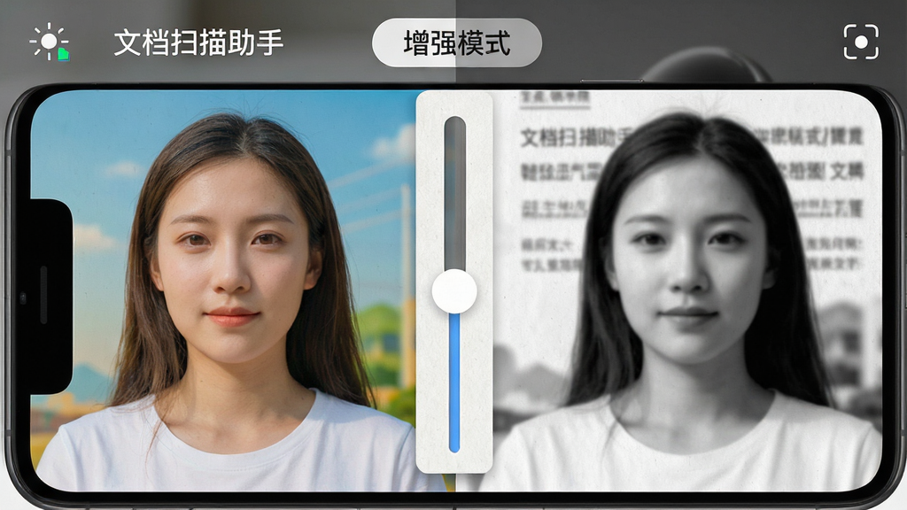 手机屏幕分为左右两半,左侧显示彩色原图,右侧显示黑白二值处理后的效果,中间有一个滑动对比条,屏幕上方有“增强模式”标签栏,布局为对称对比排版,风格为功能展示风,细节包括纸张上的文字纹理和屏幕UI的图标,画质清晰,干净,无多余元素,画面中文字为“文档扫描助手”。