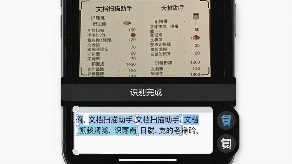 手机屏幕上半部分显示一张扫描后的菜单图片,下半部分显示提取出来的文字文本框,文字被选中高亮,屏幕中间有“识别完成”的提示条,布局为上下分栏排版,风格为智能工具风,细节包括文字框的选区和复制按钮,画质清晰,干净,无多余元素,画面中文字为“文档扫描助手”。