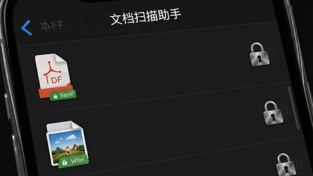 手机屏幕显示文件管理界面,列表中有多个PDF和图片文件,每个文件右侧有锁形图标,屏幕上方有“本地存储”标签,背景为深色主题,布局为列表排版,风格为安全隐私风,细节包括锁图标的金属质感和文件类型图标,画质清晰,干净,无多余元素,画面中文字为“文档扫描助手”。