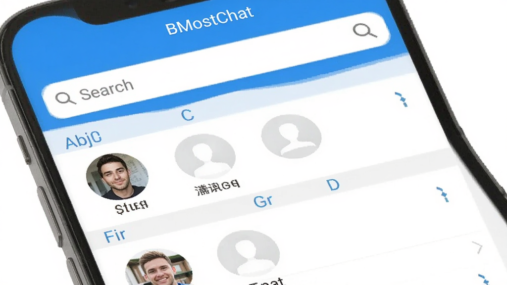 �ֻ�����չʾBMostChatͨѶ¼ҳ�棬��ϵ���б�����ĸ�������У������������򣬽����ע