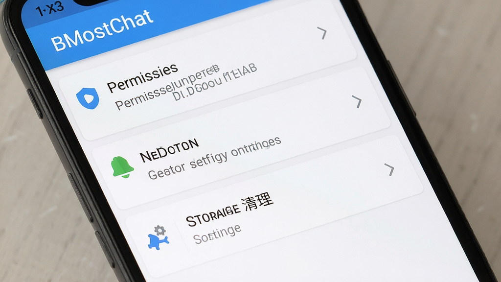 һ���ֻ���ĻչʾBMostChat����ҳ��Ľ�ͼ������Ȩ�޹�����֪ͨ���á��洢������ѡ������ע
