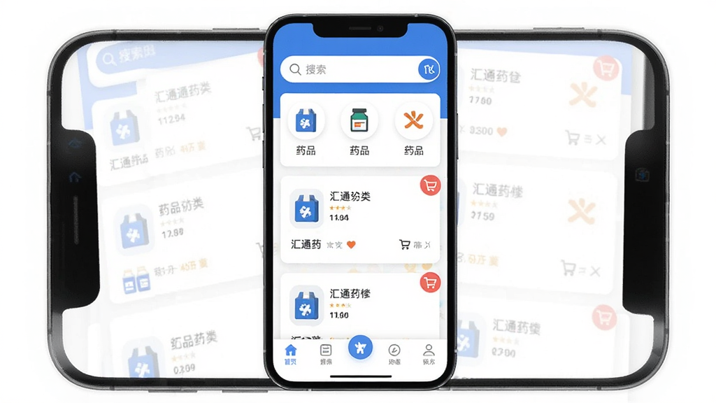 主体为一部智能手机,屏幕上显示汇通药仓应用界面,布局为上方是搜索框与药品分类图标,中间是药品列表卡片,下方是底部导航栏,排版简洁清晰,风格为现代扁平化设计,细节包括药盒图标、购物车角标、蓝白配色,画质高清,干净,无多余元素