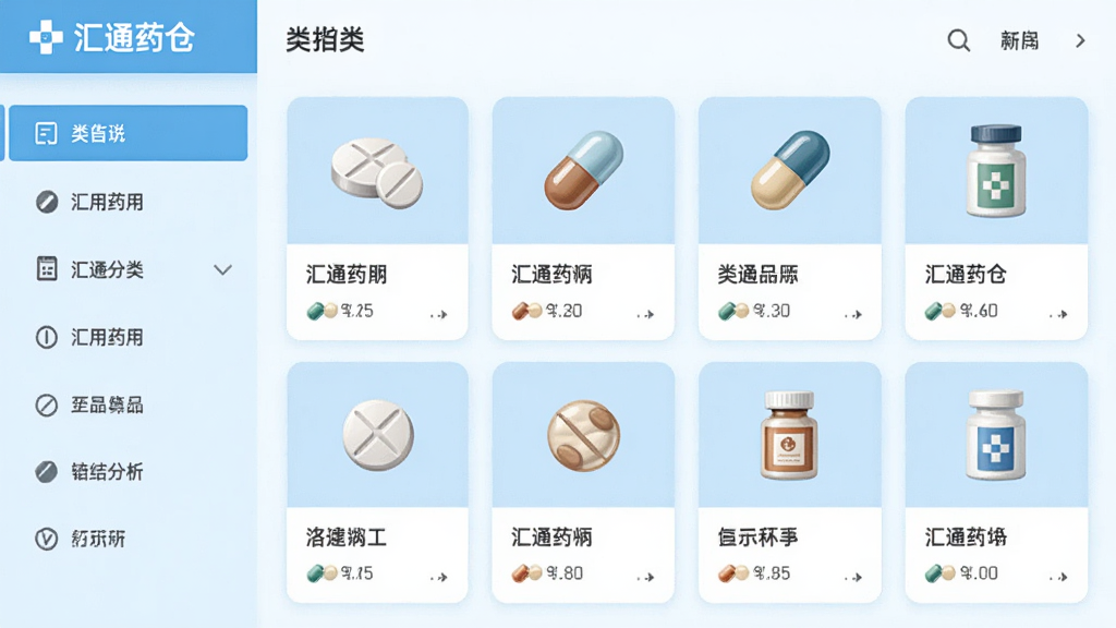 主体为汇通药仓应用中的药品分类页面,布局为左侧是分类导航栏,右侧是药品卡片网格,排版整齐,风格为清爽的浅蓝色调,细节包括药片图标、胶囊图标、外用药图标,画质清晰,干净,无多余元素