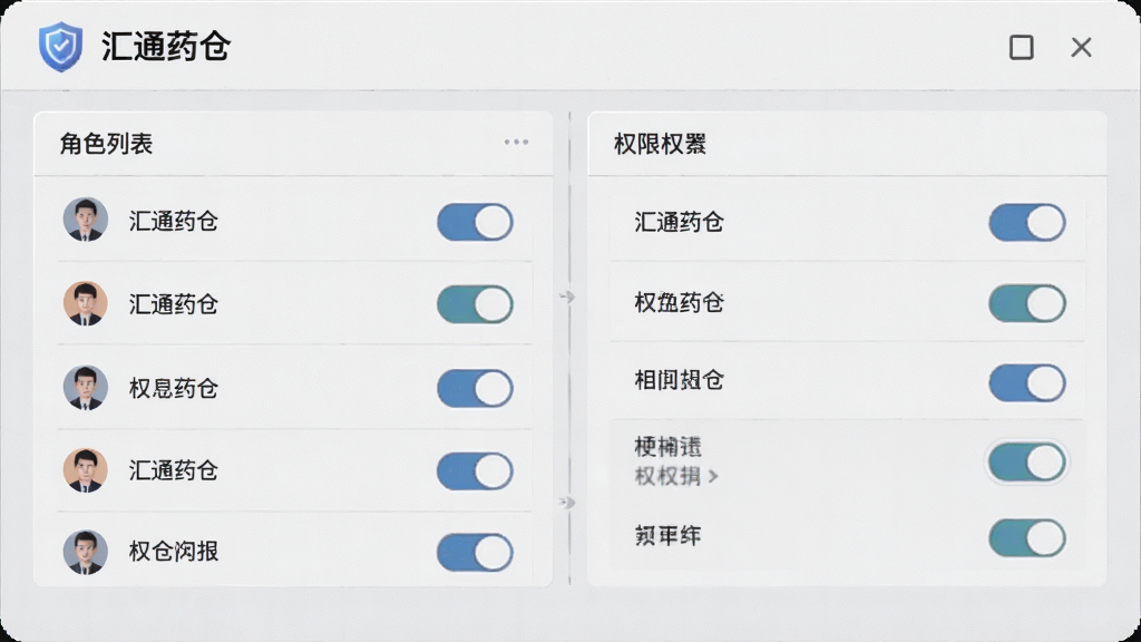 主体为汇通药仓角色权限设置界面,布局为左侧是角色列表,右侧是权限勾选面板,排版对称,风格为淡灰色质感,细节包括盾牌图标、人物头像、开关按钮,画质高清,干净,无多余元素