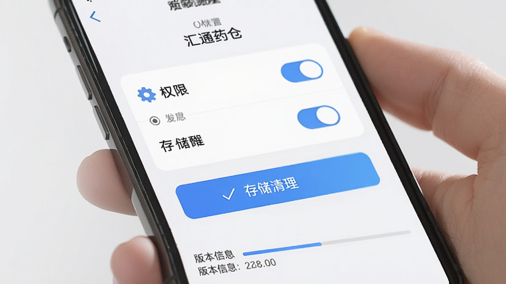 主体为汇通药仓应用在手机上的设置页面,布局为上方是权限开关列表,中间是存储清理按钮,下方是版本信息,排版简洁,风格为浅色极简风,细节包括齿轮图标、开关滑块、清理进度条,画质高清,干净,无多余元素