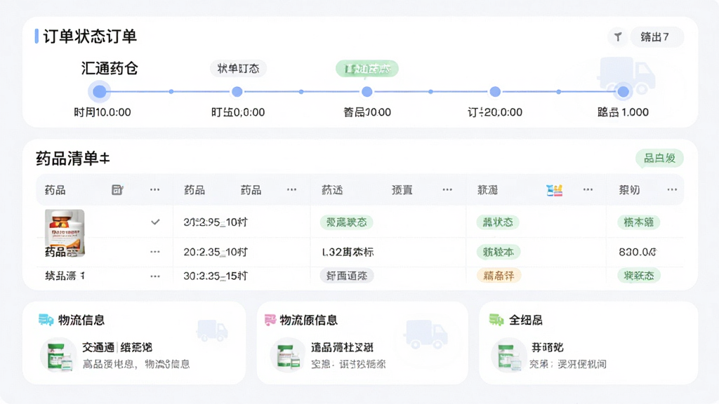 主体为汇通药仓订单跟踪页面,布局为顶部是订单状态时间轴,中间是药品清单表格,底部是物流信息卡片,排版规整,风格为柔和圆角设计,细节包括时间轴圆点、药品缩略图、状态标签,画质清晰,干净,无多余元素