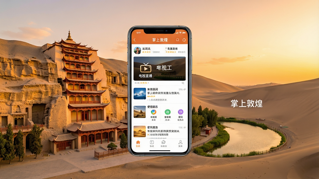 һ��չʾ���϶ػ�APP���Ĺ��ܵ�����ͼ����������Ϊһ�������ֻ����ֻ���Ļ������չʾ�����϶ػ�Ӧ�õ���ҳ���棬�����а���������Ѷ�б�������ֱ����ںͱ������ͼ�ꡣ�ֻ������ڶػͱ�־�Խ���Ī�߿߾Ų�¥����ɳɽ����Ȫ��׳������֮�ϣ���������ůɫ����Ϧ�����ͣ����岼�־��У�����ִ���࣬ϸ�ڷḻ�����ʸ��壬����ɾ����޶���Ԫ�أ�ͼƬ�����ֱ�עΪ�����϶ػ͡���