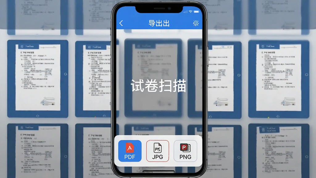 手机屏幕显示试卷扫描APP的导出界面,界面中排列着多份试卷缩略图,底部弹出PDF、JPG、PNG等格式选项按钮,整体UI设计简洁大方,配色以蓝白为主,画质清晰,干净无多余元素,图片中文字标注“试卷扫描”