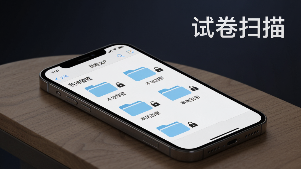 一部手机放置在桌面上,屏幕显示试卷扫描APP的文件管理界面,界面中按科目分类展示多个文件夹,每个文件夹旁有锁形图标表示本地加密存储,背景为深色渐变,整体风格沉稳专业,画质高清,干净无多余元素,图片中文字标注“试卷扫描”