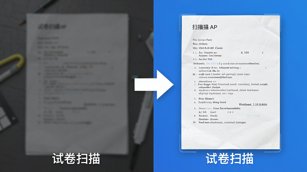 分屏对比展示图,左侧为一张灰暗模糊的试卷照片,右侧为经过试卷扫描APP处理后的清晰锐利版本,画面中间有箭头指示处理方向,整体风格简洁现代,色彩对比鲜明,画质细腻,干净无多余元素,图片中文字标注“试卷扫描”