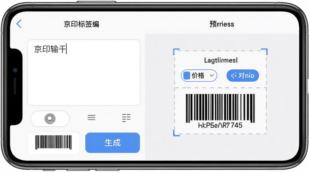 手机屏幕显示“京印标签”编辑界面,左侧是文字输入框和条码选项,右侧是标签预览区域,预览区域中有一张带有价格和条码的标签,布局为上下结构,风格为扁平化UI设计,细节包括字体选择按钮、对齐图标、条码生成按钮,画质清晰,干净,无多余元素