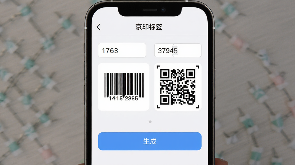 手机屏幕显示“京印标签”条码生成页面,界面中有条形码和二维码的预览图,旁边有输入框显示数字,背景为浅色,布局为居中展示,风格为现代简约,细节包括条码下方的数字、二维码的定位点、生成按钮,画质清晰,干净,无多余元素
