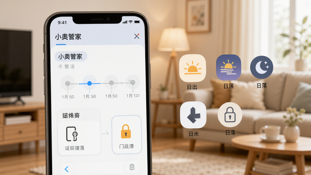 ����չʾ��С�¹ܼҡ����Զ������ý��棬�ֻ���Ļ�г���ʱ���������ģ�飬�Ա���ͼ���ʾ�ճ������䡢�����ȴ�����������������ܰ�ļҾӻ���������Լ��ɫ����ͣ�ϸ������������ϸ�壬������Ԫ�ء�