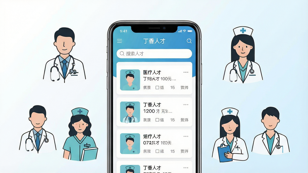 一张展示医疗招聘平台核心功能的场景图,画面中央是一部智能手机,屏幕上显示“丁香人才”App的职位列表界面,手机周围环绕着医生、护士、药师等医疗从业者的简笔插画形象,背景是干净的白色和浅蓝色渐变,布局居中对称,风格现代简洁,细节上突出手机屏幕中的招聘卡片和搜索框,画质清晰,干净,无多余元素