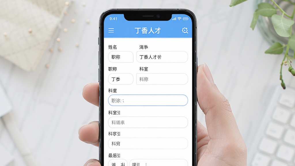 一幅AI生图,主体为“丁香人才”App在安卓手机上的操作指引图,布局为手机屏幕展示简历编辑页面,排版为表单字段从上到下排列,风格为清新移动端UI风格,细节上表单包含姓名、职称、科室等输入框,画质清晰,干净,无多余元素
