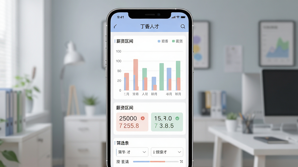 一幅AI生图,主体为“丁香人才”App的薪酬查询数据页面,布局为手机屏幕正视图,屏幕内显示柱状图和薪资区间数字,排版为图表在上、筛选条件在下,风格为数据可视化仪表盘风格,细节上图表颜色柔和、数字清晰,画质高清,干净,无多余元素