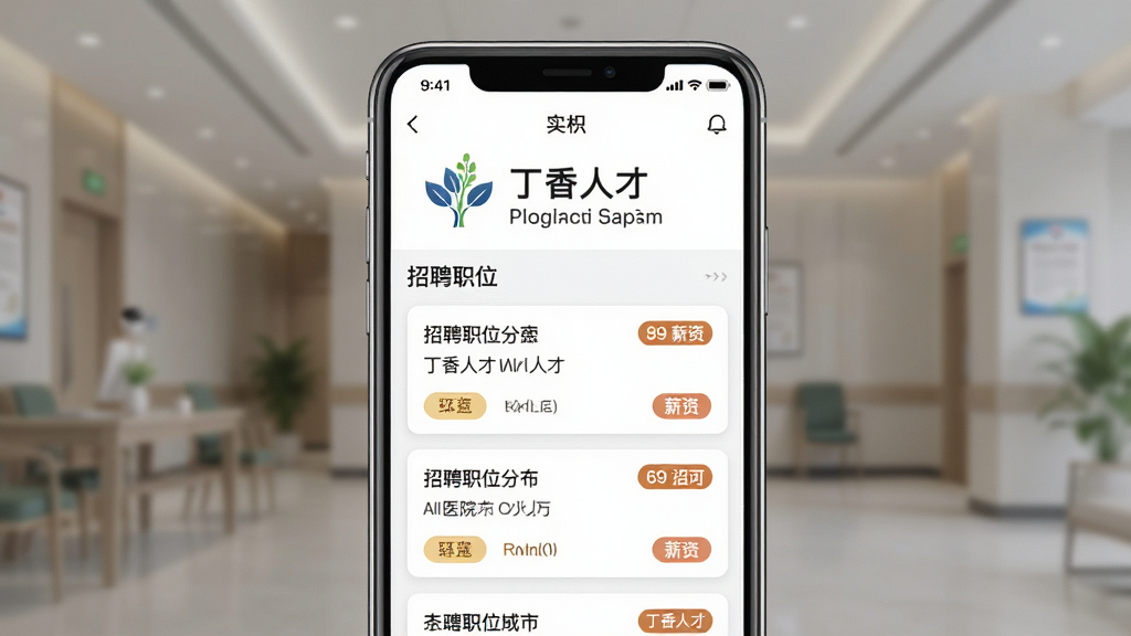 一幅AI生图,主体为“丁香人才”App的企业主页界面,布局为手机屏幕居中,屏幕内显示医院名称、logo和招聘职位列表,排版为顶部企业信息加下方职位卡片,风格为商务简洁风,细节上医院名称清晰可见、职位卡片带有薪资标签,画质清晰,干净,无多余元素