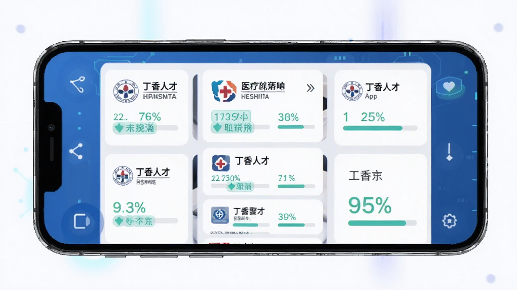 一幅AI生图,主体为“丁香人才”App的智能推荐界面,布局为手机屏幕居中展示,屏幕内显示多个医疗岗位卡片和匹配度百分比,排版清晰有序,风格为扁平化科技感,细节上岗位卡片带有医院logo和职称标签,画质高清,干净,无多余元素