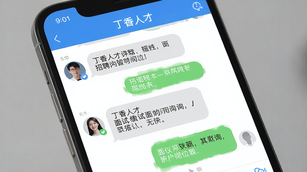 一幅AI生图,主体为“丁香人才”App的聊天沟通界面,布局为手机屏幕特写,屏幕内展示求职者与招聘方的对话气泡,排版为上下对话流,风格为清爽简约的社交软件风格,细节上对话内容涉及面试时间和岗位咨询,画质清晰,干净,无多余元素