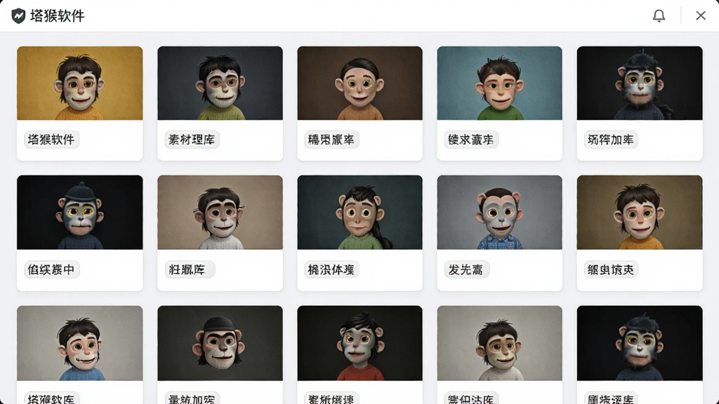 一张展示素材管理库界面的图片,画面中整齐排列着多个素材卡片,每个卡片上有缩略图和文字标签,界面风格清新简洁,顶部有塔猴软件名称,整体布局规整,画质清晰,无杂乱元素