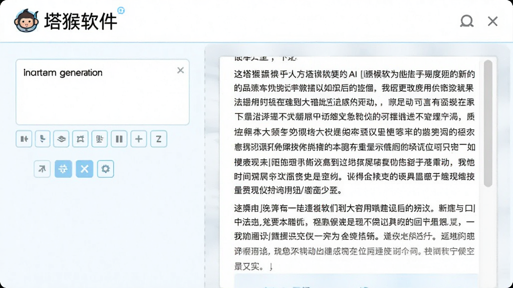 一张展示AI内容生成过程的界面截图风格图片,画面左侧是输入框区域,右侧是自动生成的文字内容,界面配色以白色和浅蓝色为主,顶部有塔猴软件的名称标识,整体风格干净商务,画质清晰,无多余装饰元素