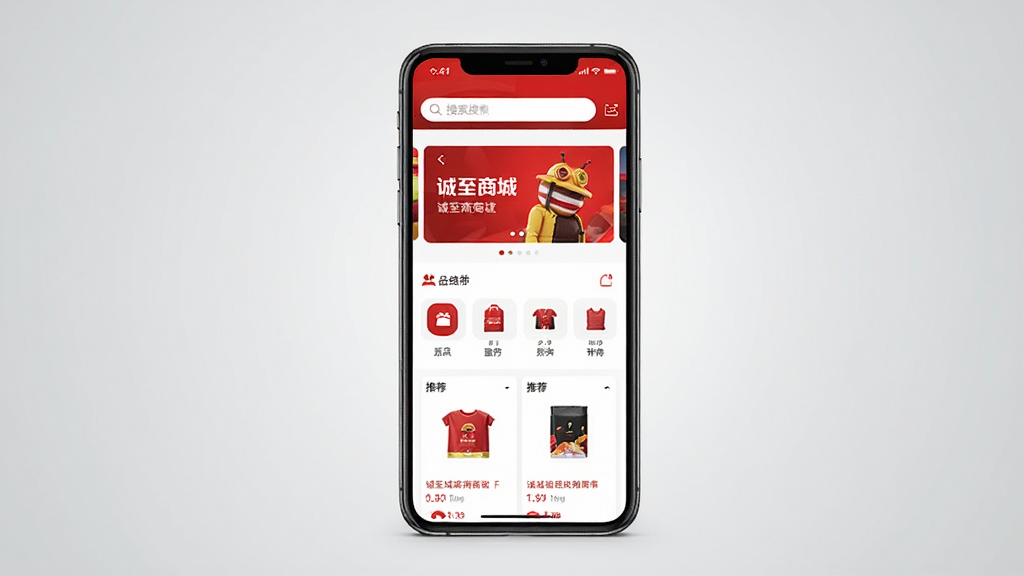 �������̳� 1.1.35 �汾�ٷ�������չʾ������Ϊһ�������ֻ������ڷţ���Ļ�ڳ����̳���ҳ���֣������������������в��ֲ�������·���Ʒ����ͼ�����Ƽ���Ʒ��Ƭ��������ú��������ɫ������������죬����Ϊ����ɫ���䣬�����������ɾ��޶���Ԫ��