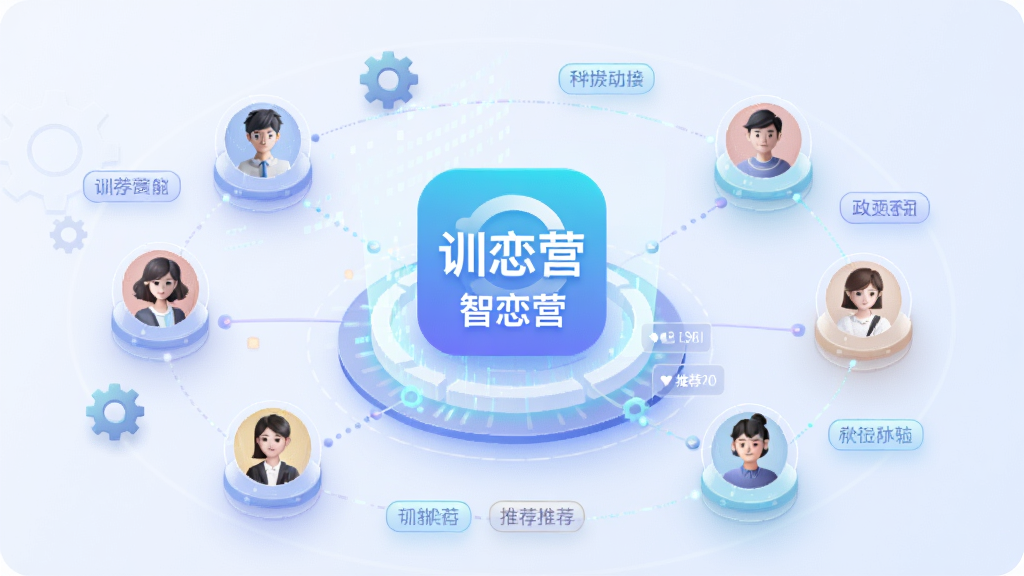 һ��չʾѵ��Ӫ����ƥ�书�ܵĿƼ��в�ͼ����������Ϊѵ��ӪAPPͼ�꣬��Χ�������������û�ͷ��ڵ㣬���ֲ��û��νṹ�����ƫ����Ƽ������ɫ�ʽ�ϣ�ϸ�ڰ������֡����������Ƽ���ǩ�������������ɾ����䣬�޶���Ԫ��