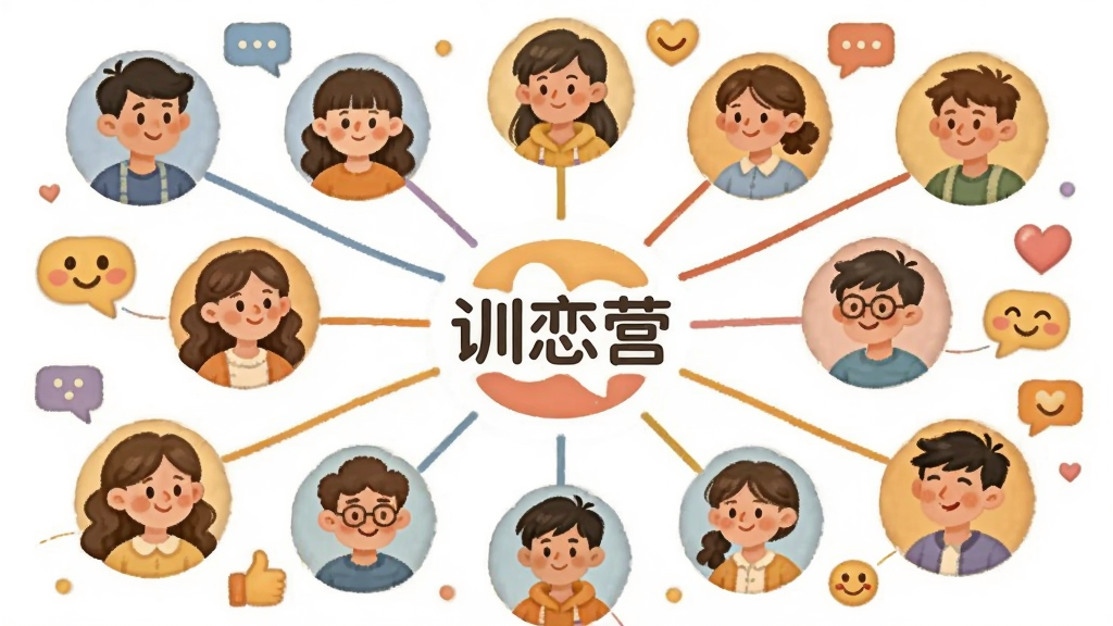 һ�ű���ѵ��Ӫ��л��������Ĳ廭����������Ϊ�����ͬ����ε��û�ͷ��ͨ����ɫ�������ӣ�����λ����ʾѵ��Ӫ��־�����ֳʷ���״���У������ů������ϸ�ڰ����Ի����ݡ�����ͼ����΢Ц���飬���ʸ��壬�ɾ����࣬�޶���Ԫ��