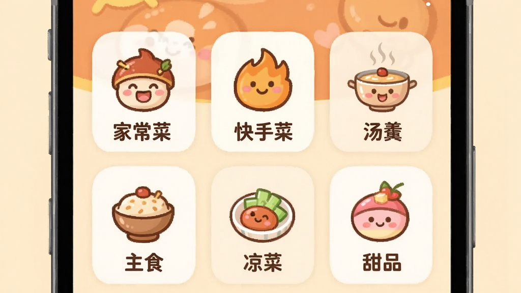 ����ҳ���APP�ķ��ർ��ҳ�棬�ֻ���Ļ��չʾ�š��ҳ��ˡ������ֲˡ�������������ʳ�������ˡ�����Ʒ���ȷ���ͼ�꣬ͼ����Ƽ��ɰ�������Ϊůɫ�����Ű������״�������������ɾ��޶���Ԫ��