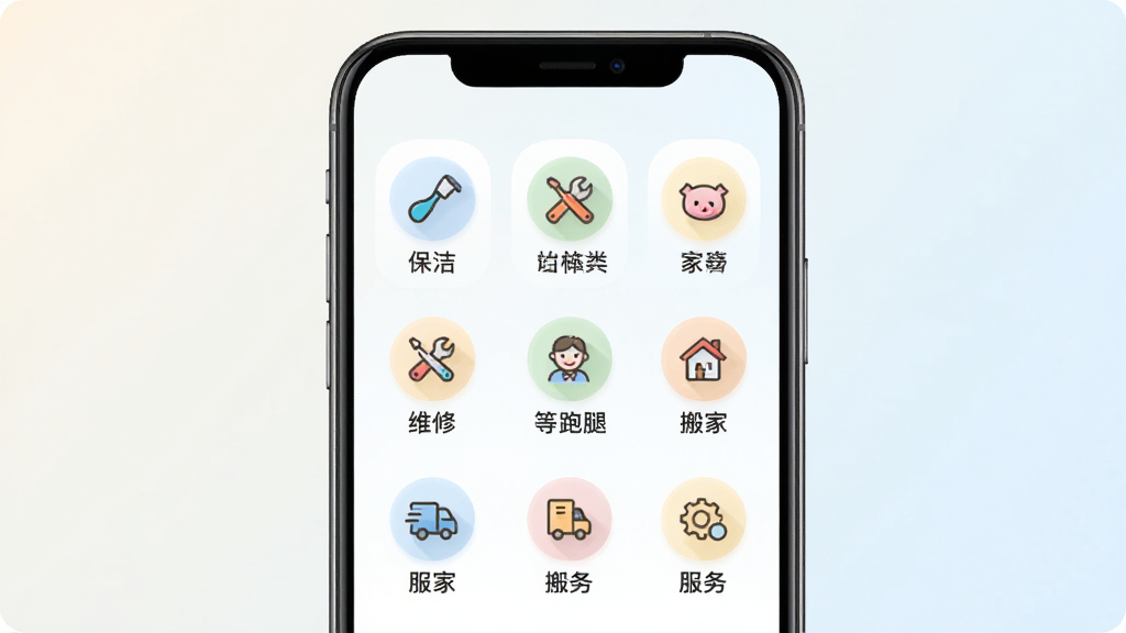 U�����ҷ������ҳ��չʾͼ���ֻ���Ļ�����������ű��ࡢά�ޡ����ȡ���ҵȷ�����Ŀͼ�꣬ÿ��ͼ�����м������˵��������Ϊǳɫ���䣬�����ˬ���򣬻���������������Ԫ��